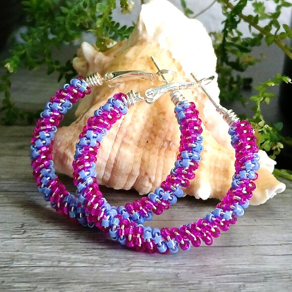 Pink & Purple Beaded Hoop Earrings, Seed Bead Jewelry Boho Handmade - Picture 2 of 3
